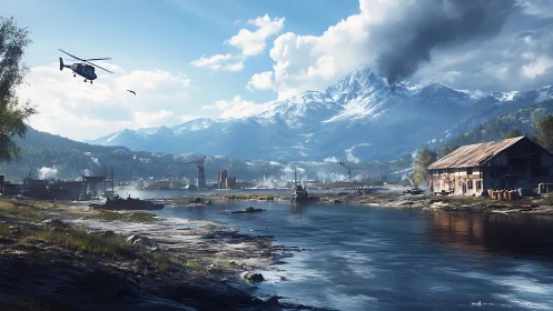 Helicopter over alpine industrial riverfront under snow peaks