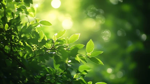 Sunlit Green Leaves in Soft Focus Nature Photography Style.