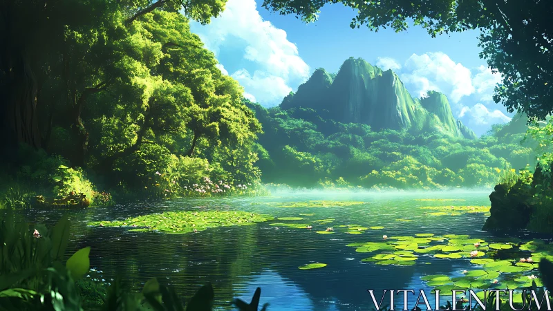 Emerald lily-pond mirrors misty jungle peaks at daybreak