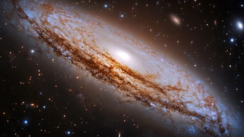 Edge-on spiral galaxy with bright core and dust lanes.