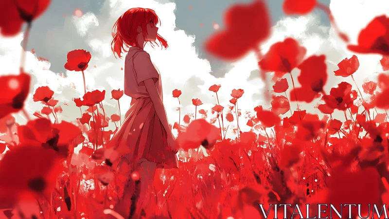 Red-haired girl in stylized poppy field under bright sky.