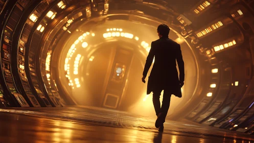 Man walking through glowing sci fi tunnel corridor at night.