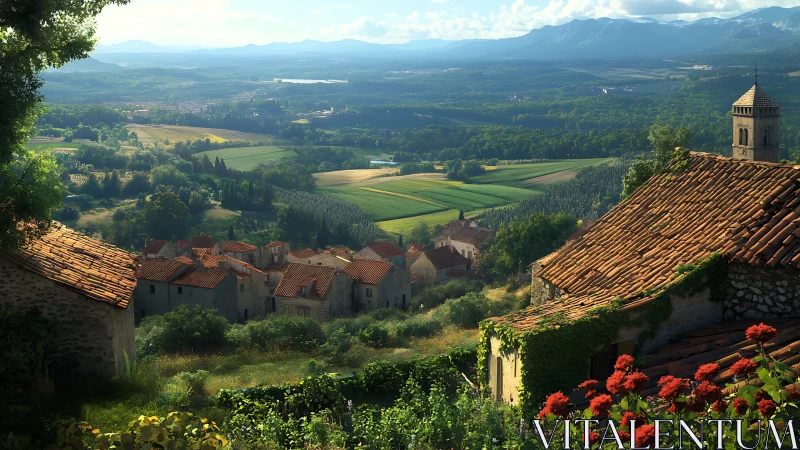 Sunlit hillside village above patchwork rural valley view.