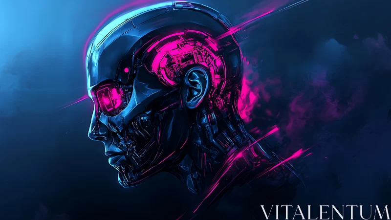 Neon cybernetic mind glows with bold, electric pink light