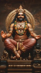 Photorealistic seated deity sculpture with ornate aureole and garlands