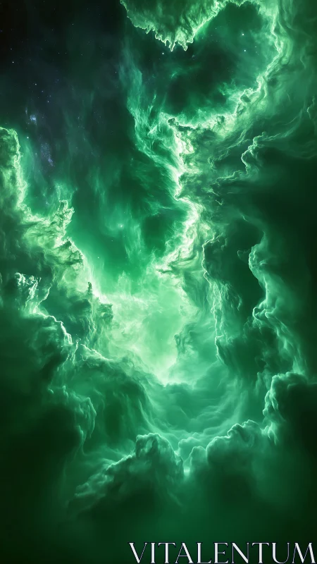 Emerald nebula clouds swirl open into a glowing cosmic gateway