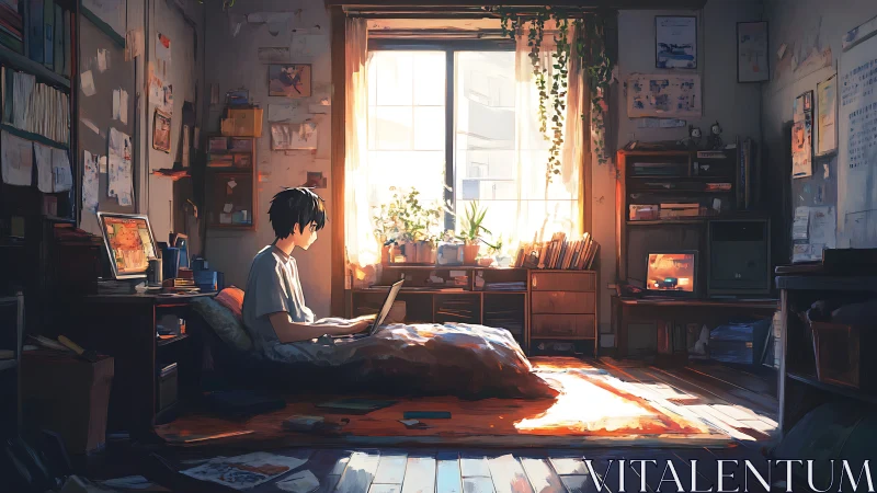 Sunlit coder drifts through a quiet bedroom digital daydream.