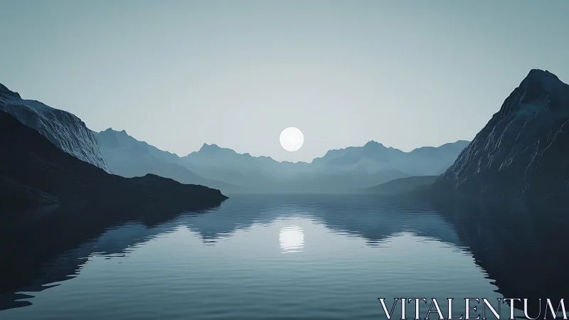 Sun over distant mountains reflects on still alpine lake