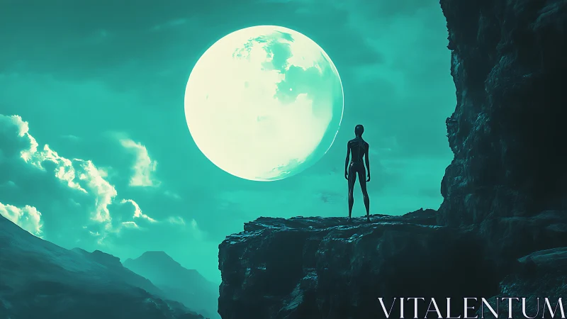 Silhouetted humanoid stands on rocky ledge under oversized moon