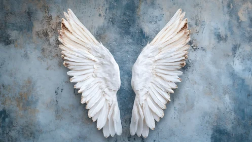Weatherworn angel wings pinned to a dreamy blue wall.