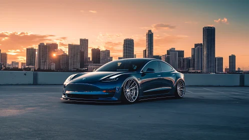 Electric sedan on rooftop with highrise skyline at sunset.