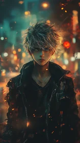 Anime boy stands in glowing city with sparks around him
