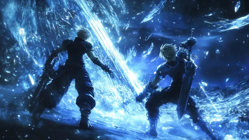 Twin sword warriors ignite a storm of blue crystal energy