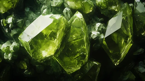 Translucent peridot crystals rendered with high-specular 3D lighting