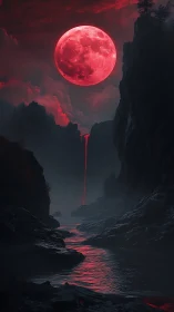 Crimson supermoon illuminates misted canyon and reflective river