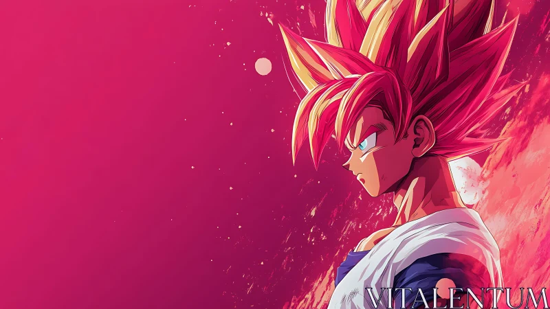 Anime warrior profile against vivid pink abstract sky.