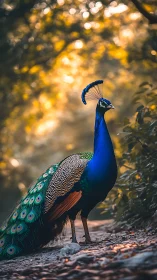 Male Indian peafowl on forest path, golden hour backlight