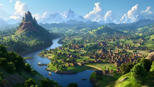 Expansive medieval river valley with fortified hilltop castle.