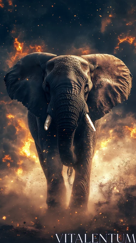 Fire-wreathed elephant strides through embers of a blazing storm.