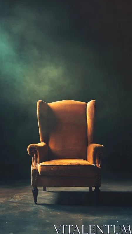 Velvet wingback armchair under dramatic studio spotlight.