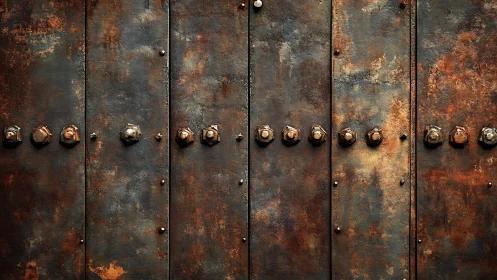 Weathered riveted steel panels with rich rust patina texture.