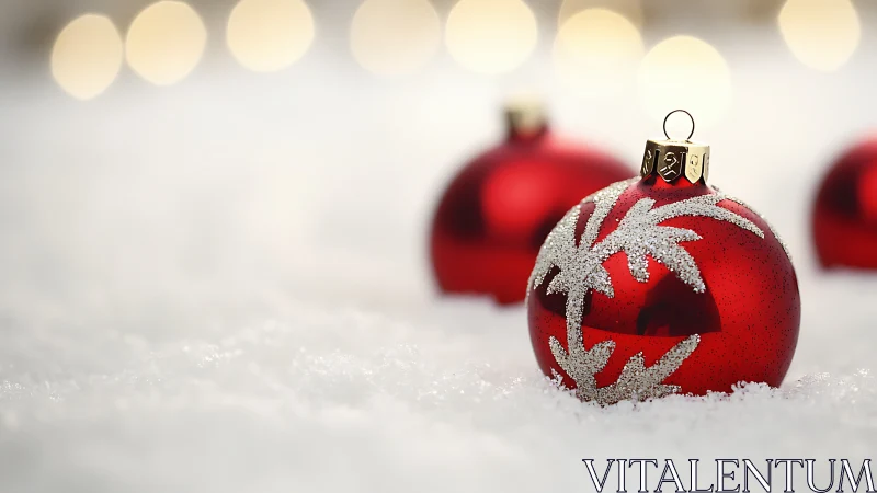 Red Christmas ornaments on snow with soft background lights.