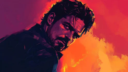 Brooding neon hero leans into a storm of molten color