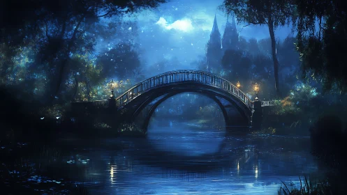 Moonlit arch bridge over enchanted blue forest river.
