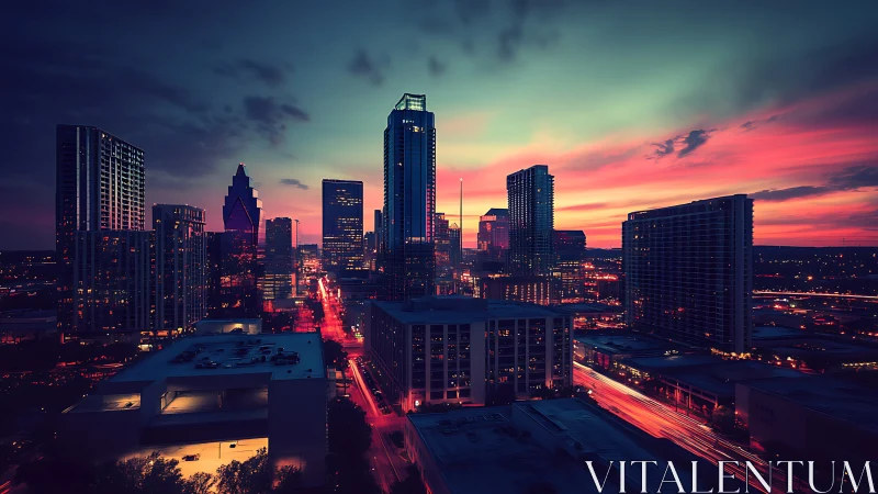 Vibrant modern city skyline under neon sunset sky.