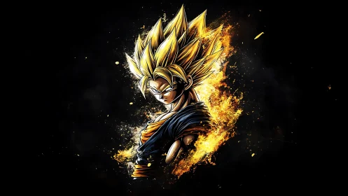 Blazing golden warrior ignites the void with quiet fury.