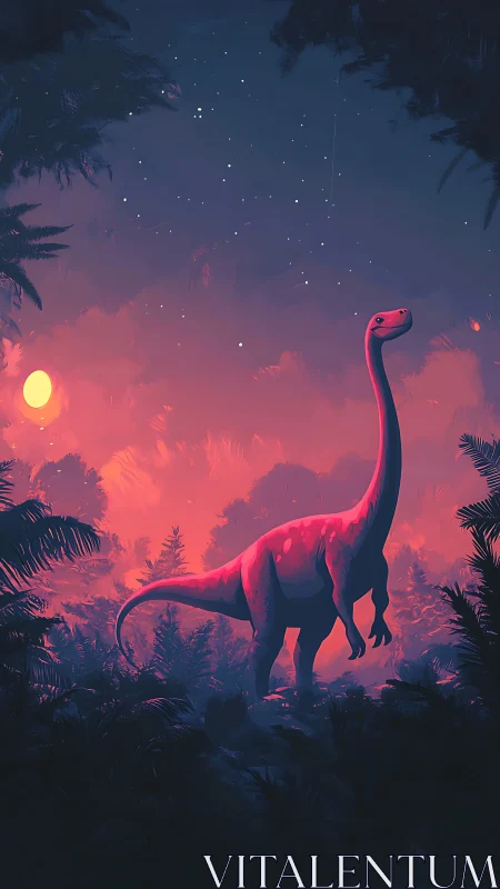 Gentle sauropod lingers under neon twilight jungle skies