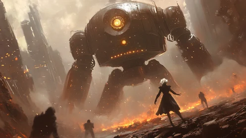 Giant war robot towers over lone fighter in burning city.