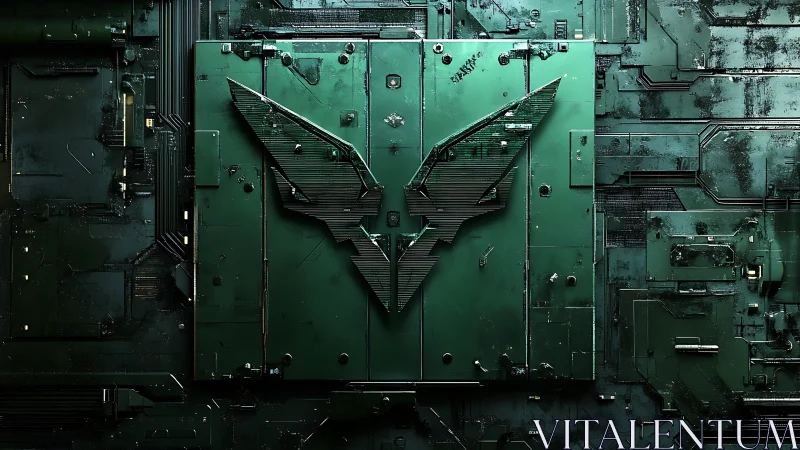 Futuristic green mech panel with angular winged emblem relief