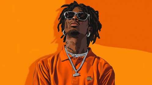 Stylized portrait of man in orange shirt on orange wall.