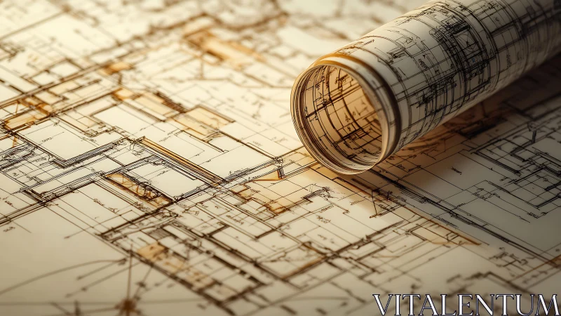 Rolled Architectural Blueprint with Layered Technical Drawings.