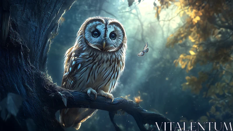 Mystical Owl Perched on Tree Branch in Dreamy Forest Scene.