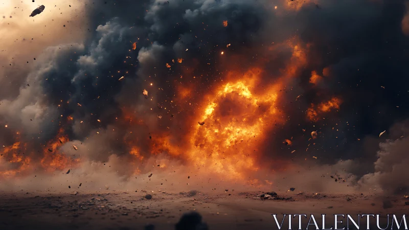 Massive Explosion with Debris and Dark Smoke Clouds.
