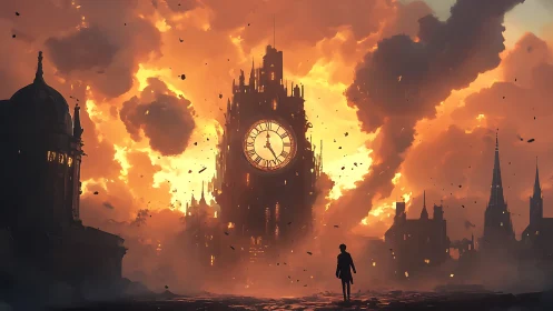 Chronometric citadel amid combustion plume and urban silhouettes.