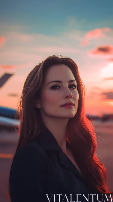 Cinematic sunset portrait of woman on airport tarmac, rim-lit
