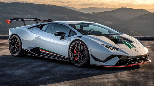 Track-ready white supercar with aero kit at sunset.