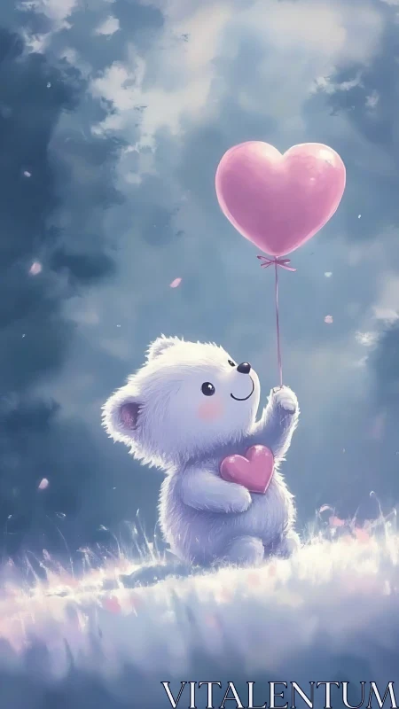 Gentle teddy bear with pink heart balloon in soft light.