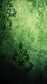 Ornate green damask pattern fades into textured vignette