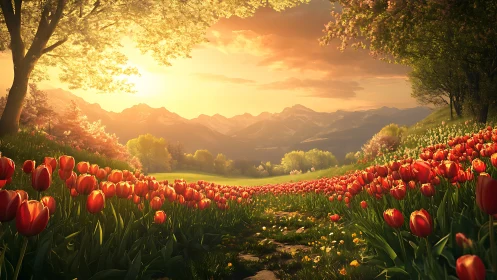 Sunlit tulip valley leading toward distant mountain range.