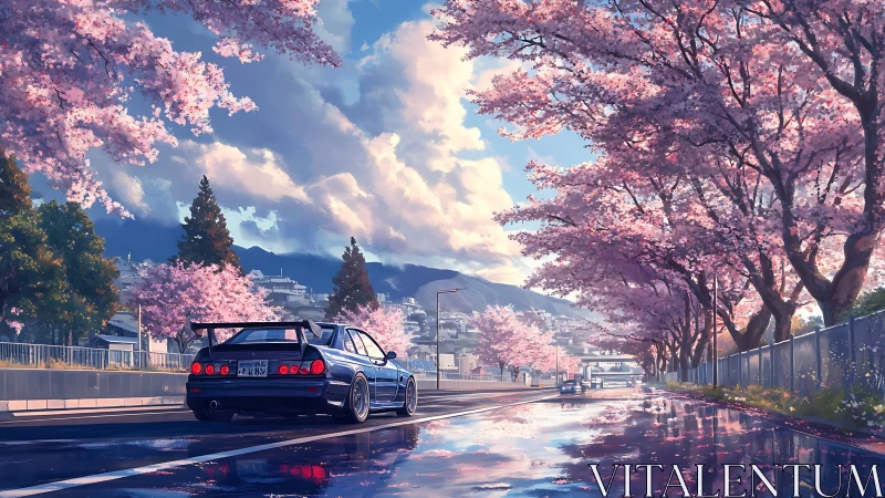Blue sports car on wet road under pink cherry blossoms.