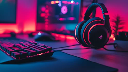 RGB backlit gaming headset and keyboard in neon-lit desktop setup