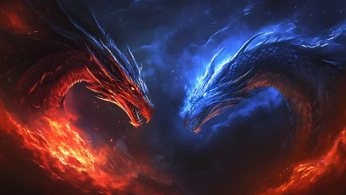 Twin elemental dragons bend night into fire and frozen storm