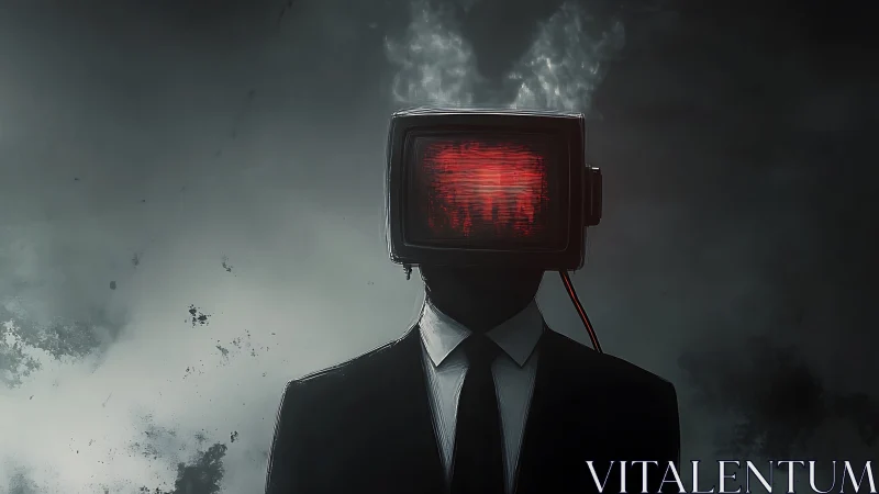 Smoke-emitting CRT-headed figure in suit with red glitch display.