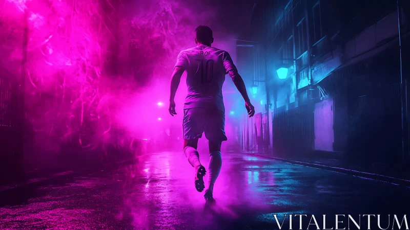 Soccer player in neon lit alley with pink and blue haze.