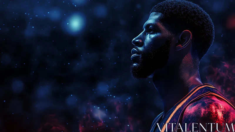 Starlit baller ignites under neon cosmos of electric night.