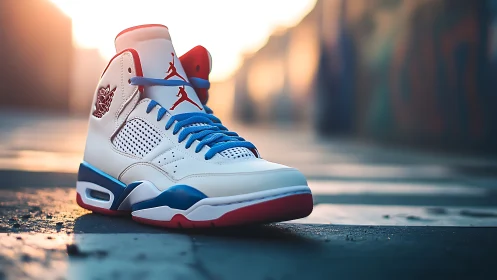 High-top basketball shoe rests on outdoor pavement at dusk